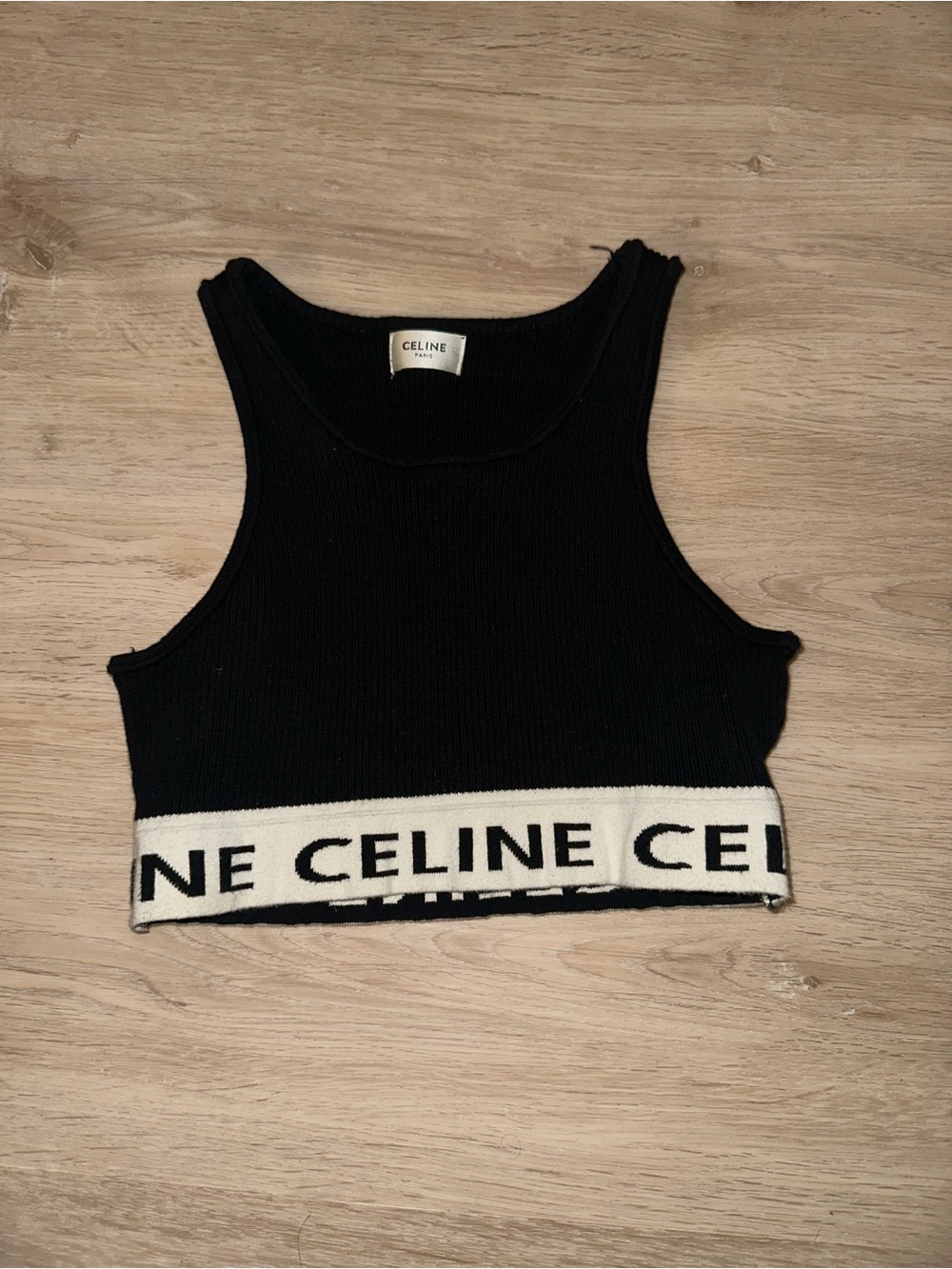 CELINE Black Logo Ribbed Crop Tank Top